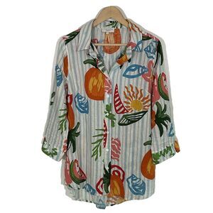 Calypso St. Barth Tunic Top Size Large Button Front Linen Blend Sailboat Fruit